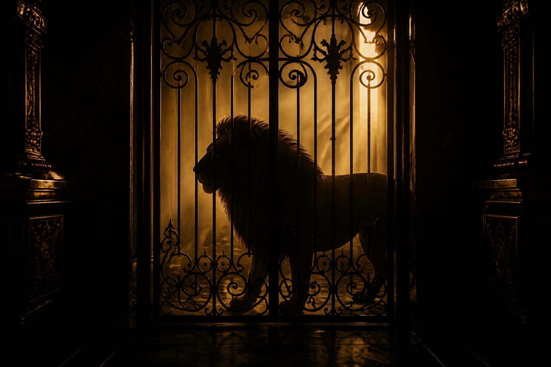 Silhouette of a lion behind an ornate gate with golden light